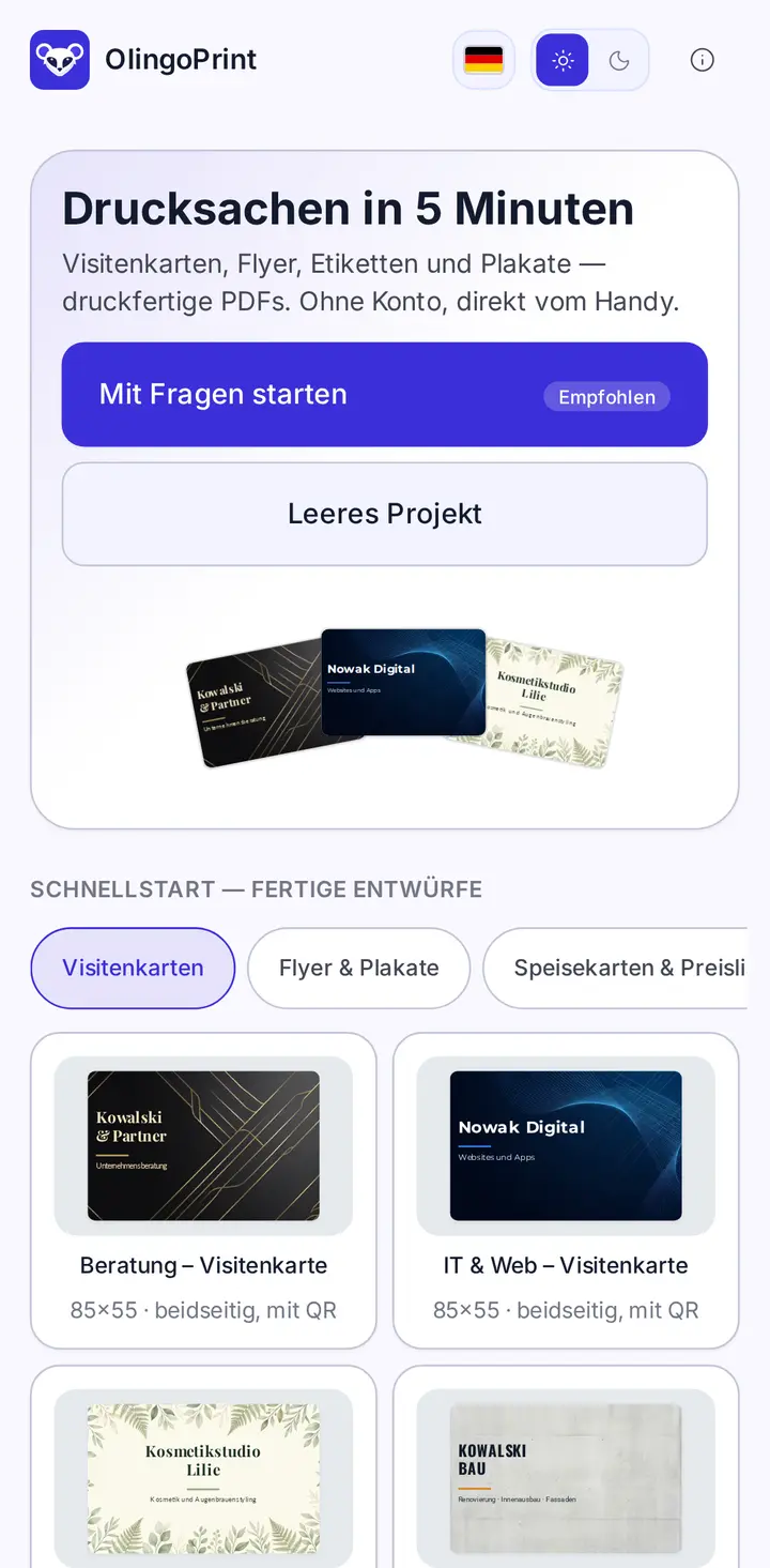 Visitenkarten-Editor in der OlingoPrint-App