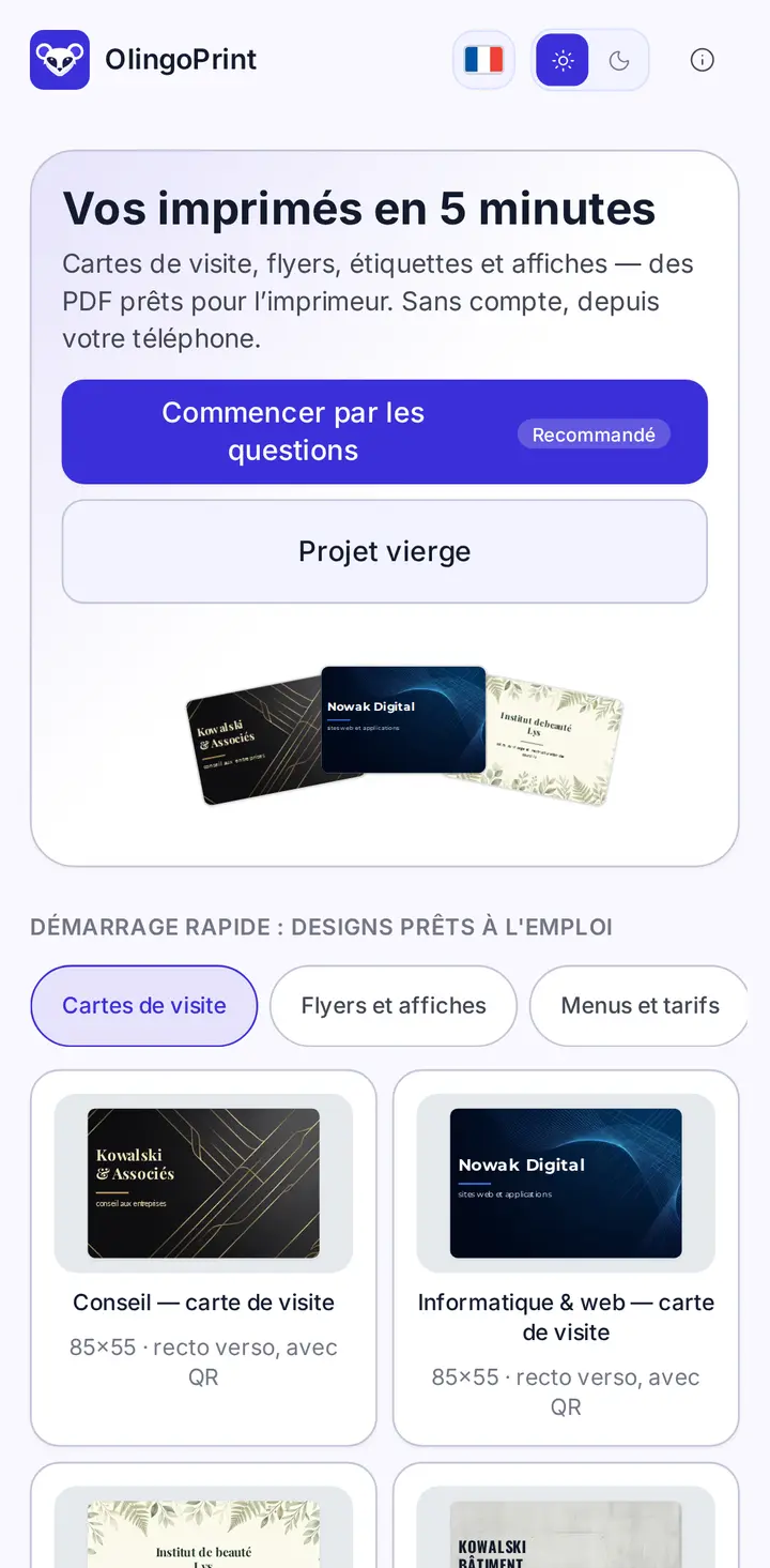 Éditeur de cartes de visite dans l'app OlingoPrint