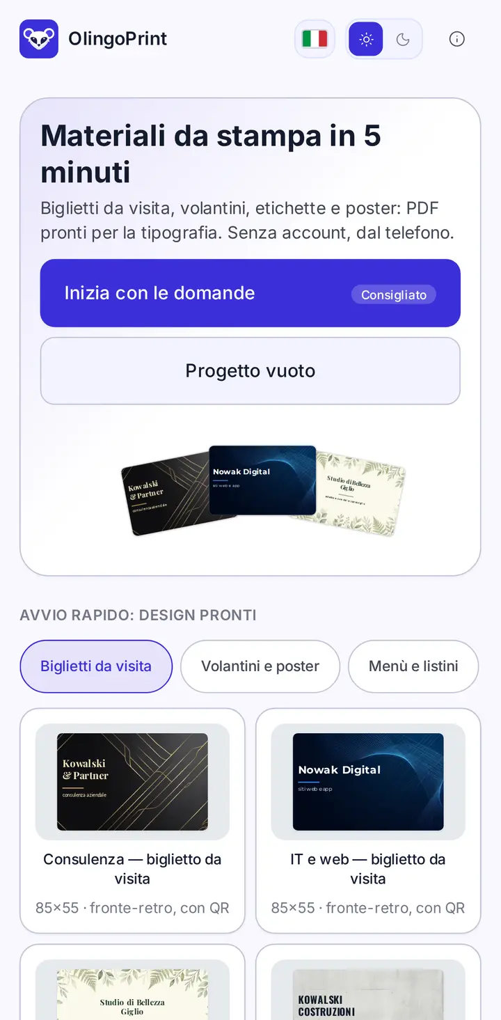 Editor di biglietti da visita nell'app OlingoPrint