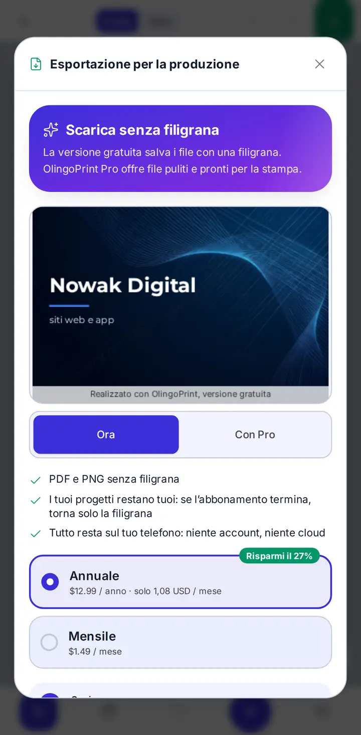 Pro: esportazione senza filigrana