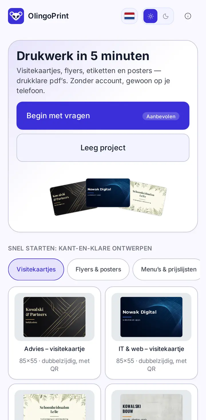 Visitekaartjeseditor in de OlingoPrint-app
